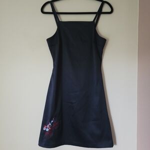 Vintage 90s Y2K Sexy Black Satin Square Bib Neckline Mini Dress Embroidered Sz 7